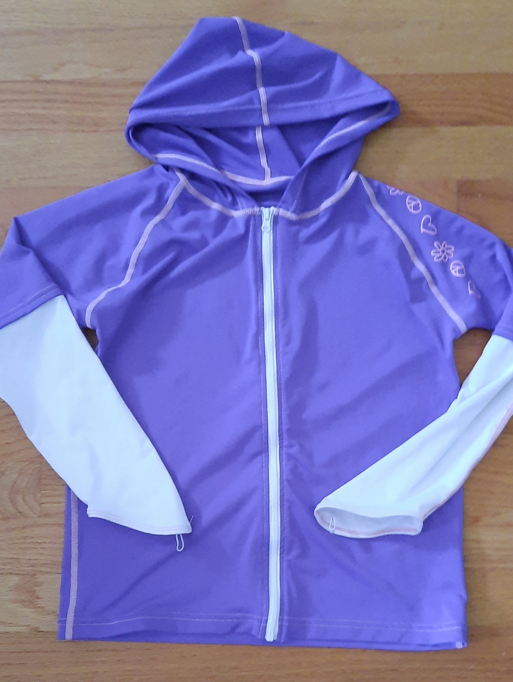 Girls' Purple Hooded Swim Rashguard with White Sleeves
